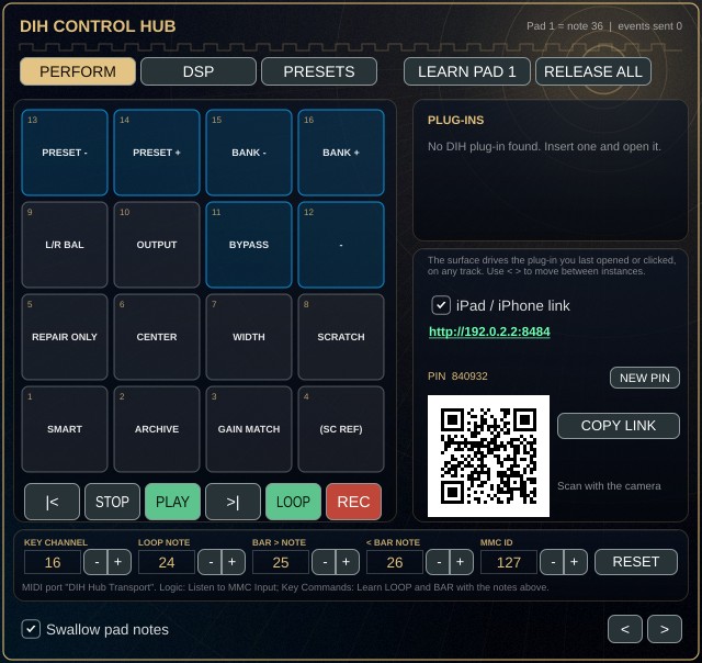 The DIH Control Hub window with a 4 by 4 pad grid, transport row, link switch and QR code